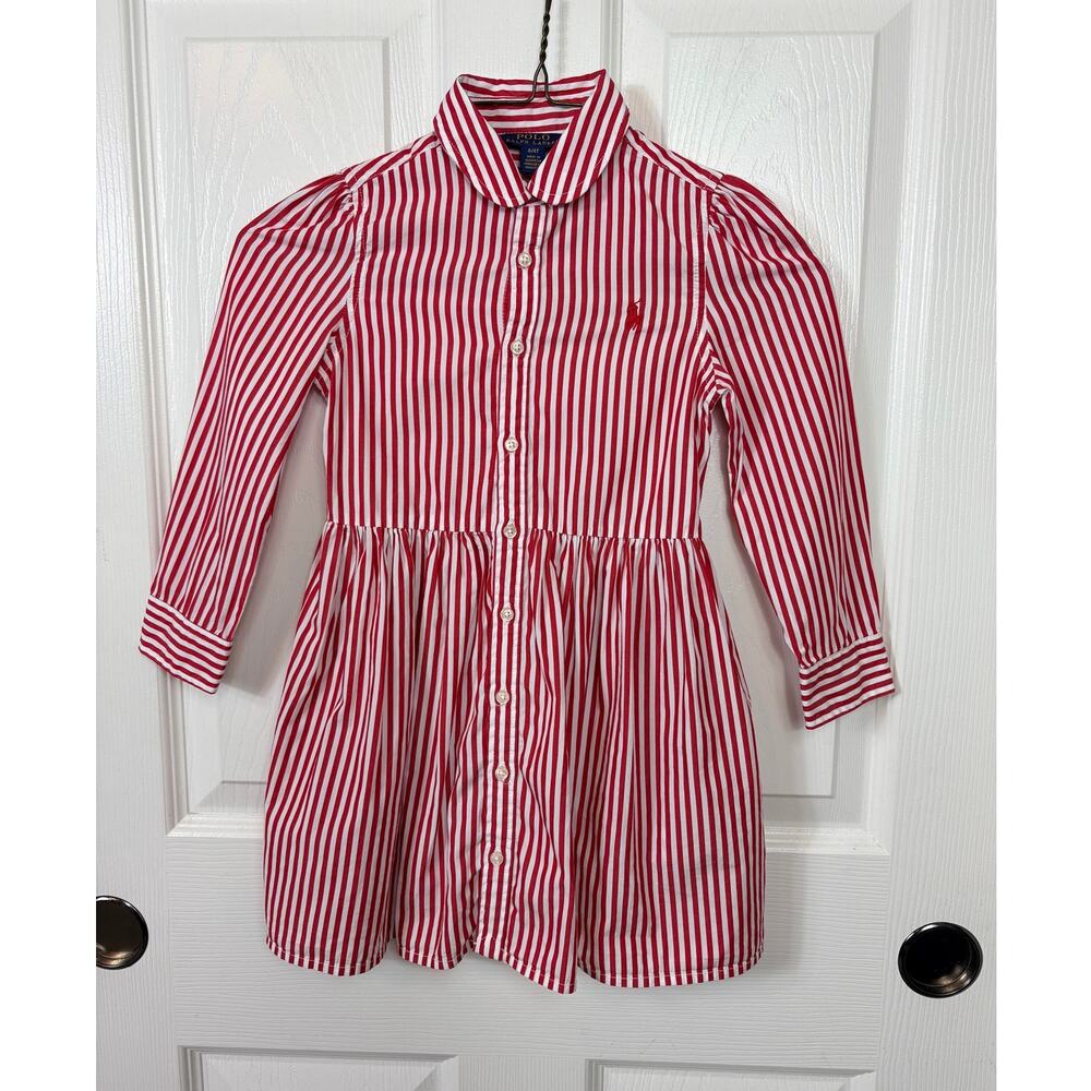 Polo Ralph Lauren Girl's Oxford Shirt Dress Red and White Striped Size 4
